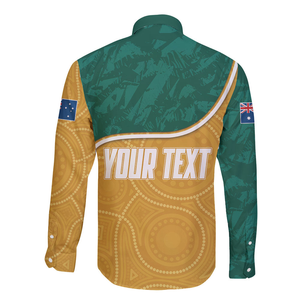 Personalised Australia Rugby Long Sleeve Button Shirt Wallabies Kangaroo Player Aboriginal Pattern