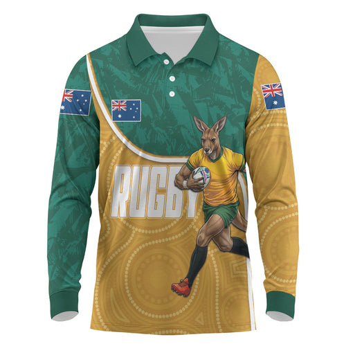 Personalised Australia Rugby Long Sleeve Polo Shirt Wallabies Kangaroo Player Aboriginal Pattern