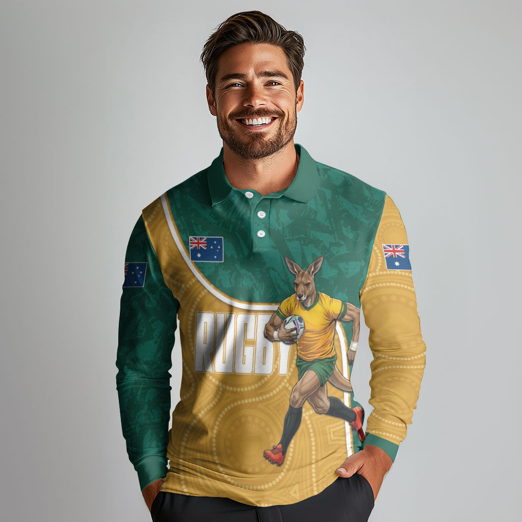 Personalised Australia Rugby Long Sleeve Polo Shirt Wallabies Kangaroo Player Aboriginal Pattern