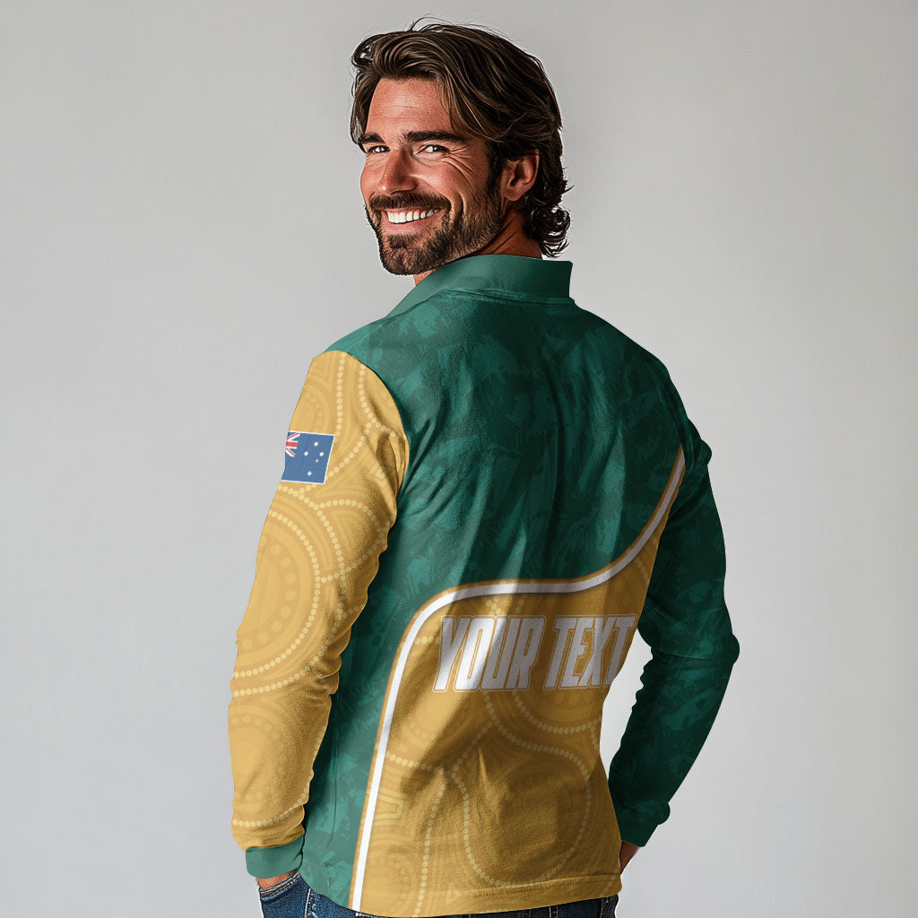 Personalised Australia Rugby Long Sleeve Polo Shirt Wallabies Kangaroo Player Aboriginal Pattern