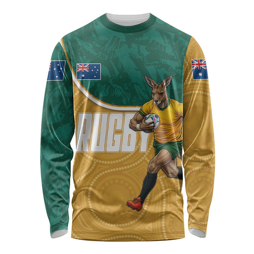 Personalised Australia Rugby Long Sleeve Shirt Wallabies Kangaroo Player Aboriginal Pattern