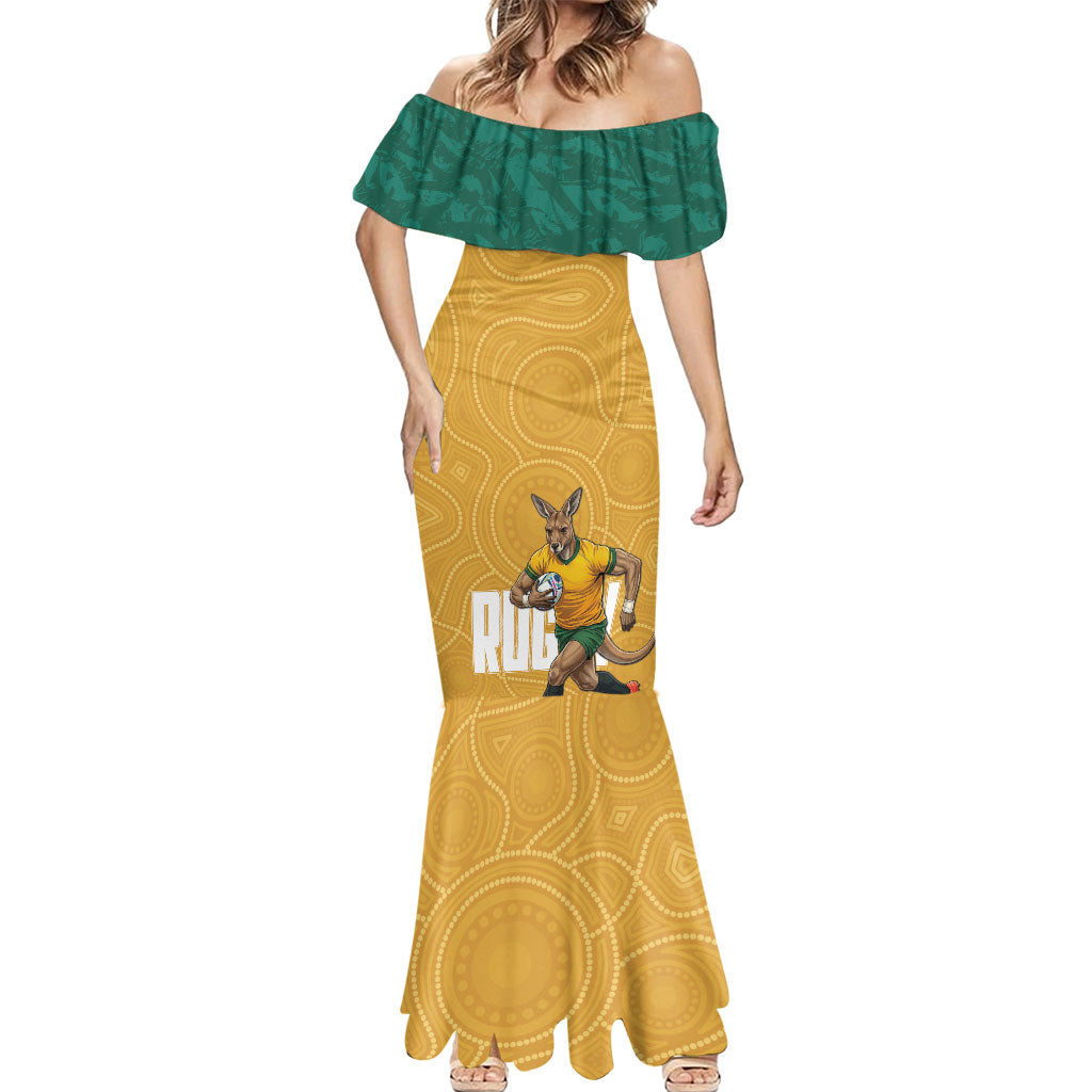 Personalised Australia Rugby Mermaid Dress Wallabies Kangaroo Player Aboriginal Pattern