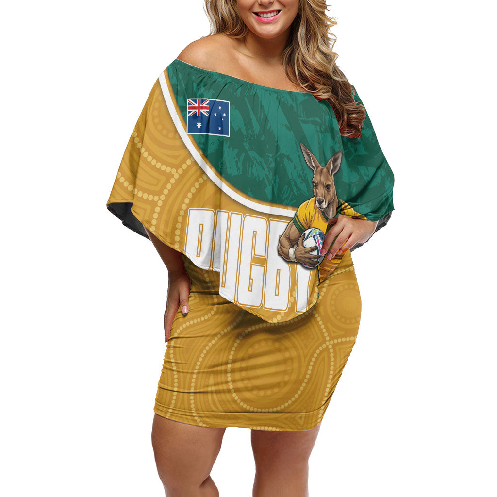 Personalised Australia Rugby Off Shoulder Short Dress Wallabies Kangaroo Player Aboriginal Pattern