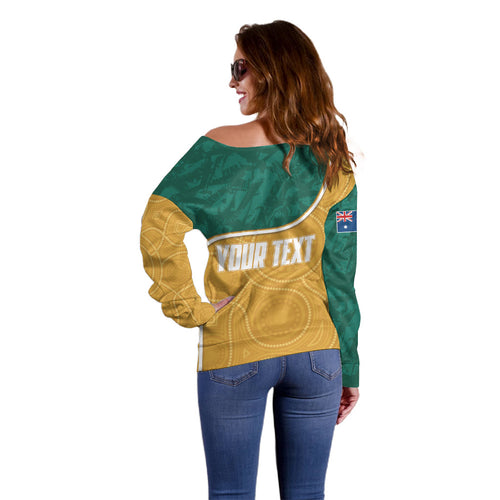 Personalised Australia Rugby Off Shoulder Sweater Wallabies Kangaroo Player Aboriginal Pattern