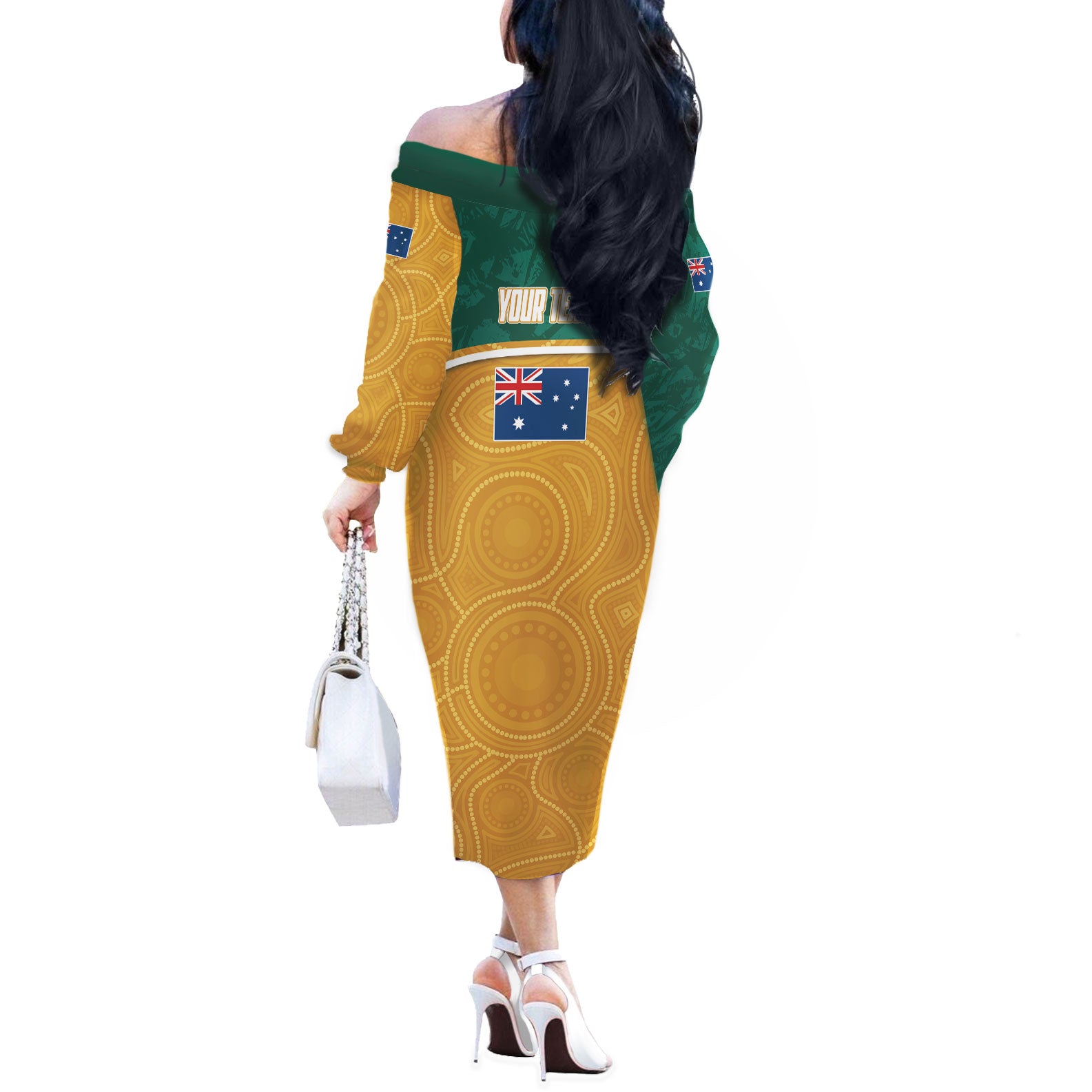 Personalised Australia Rugby Off The Shoulder Long Sleeve Dress Wallabies Kangaroo Player Aboriginal Pattern