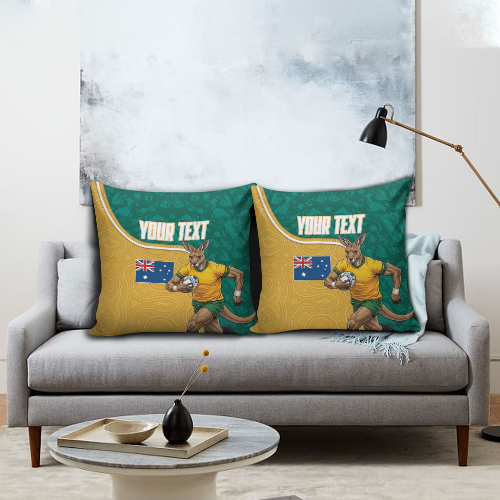 Personalised Australia Rugby Pillow Cover Wallabies Kangaroo Player Aboriginal Pattern