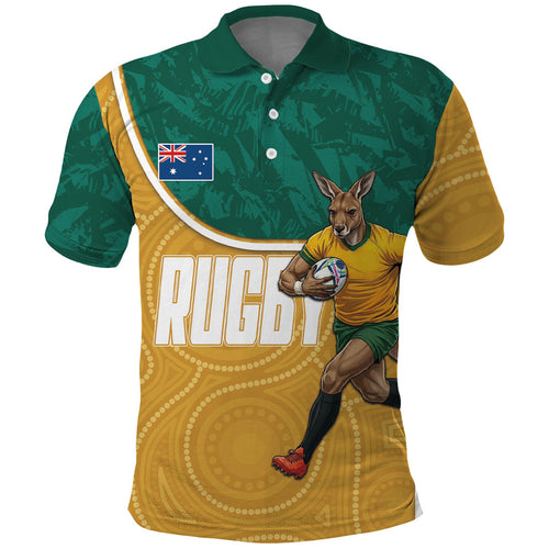 Personalised Australia Rugby Polo Shirt Wallabies Kangaroo Player Aboriginal Pattern