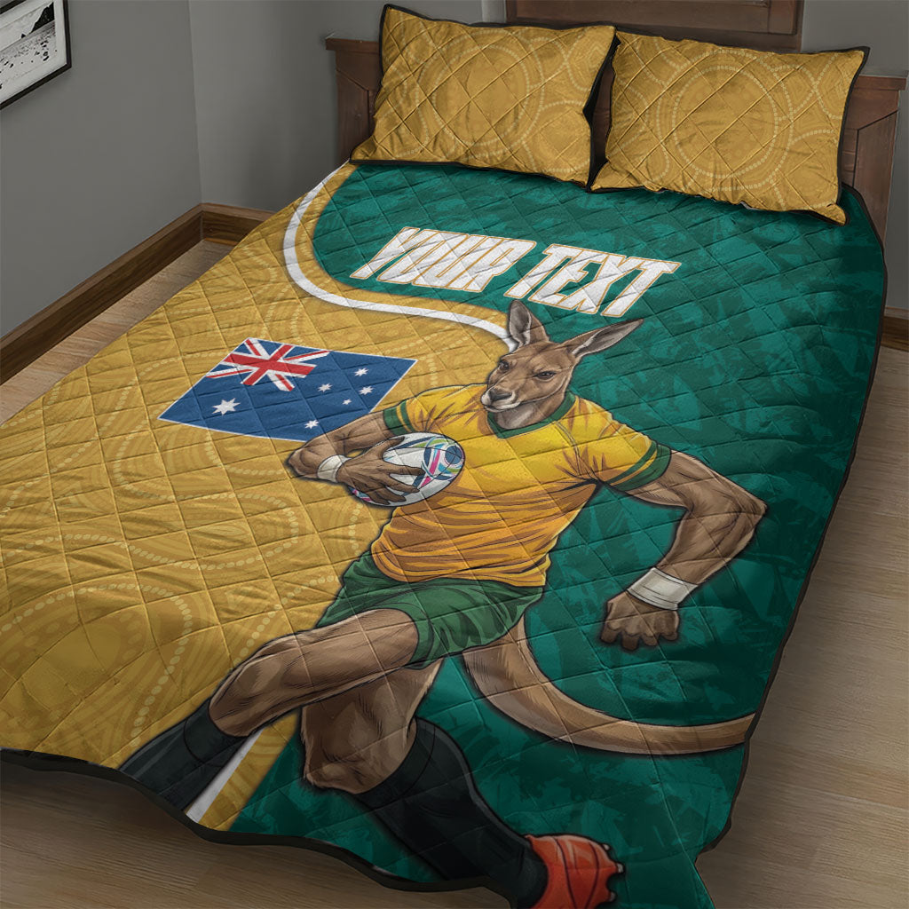 Personalised Australia Rugby Quilt Bed Set Wallabies Kangaroo Player Aboriginal Pattern