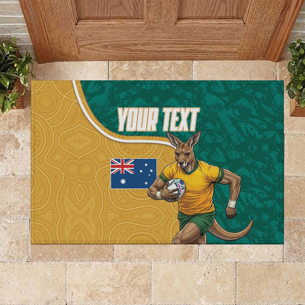 Personalised Australia Rugby Rubber Doormat Wallabies Kangaroo Player Aboriginal Pattern