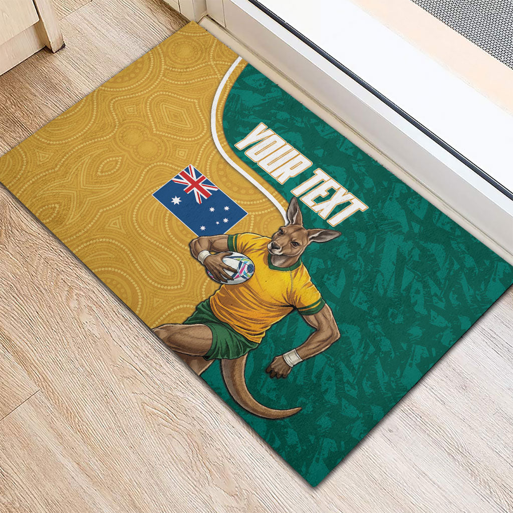 Personalised Australia Rugby Rubber Doormat Wallabies Kangaroo Player Aboriginal Pattern