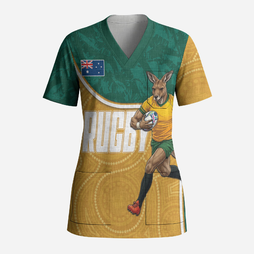 Personalised Australia Rugby Scrub Top Wallabies Kangaroo Player Aboriginal Pattern