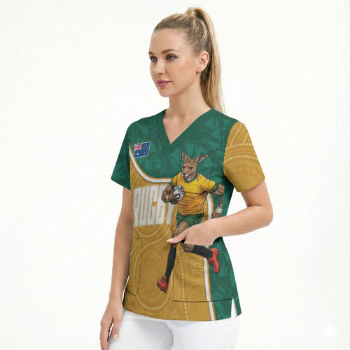 Personalised Australia Rugby Scrub Top Wallabies Kangaroo Player Aboriginal Pattern