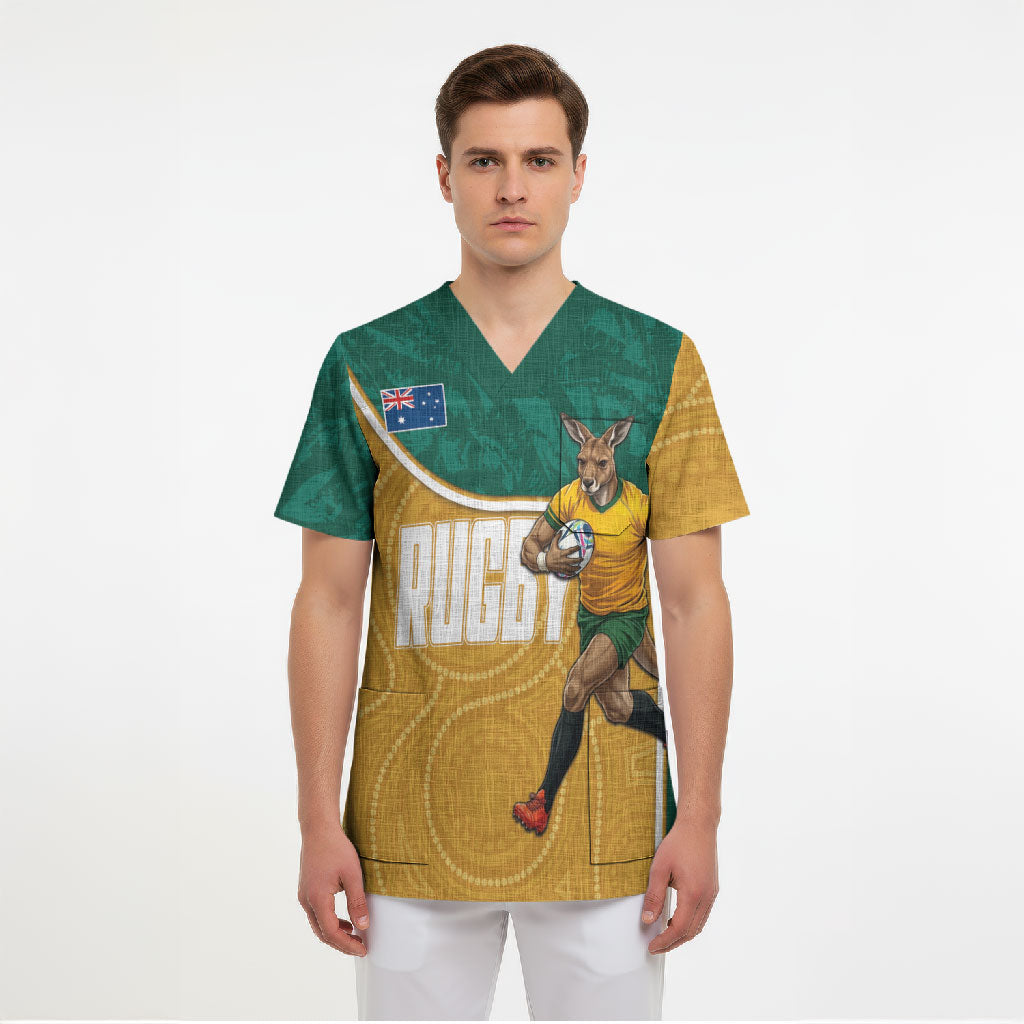 Personalised Australia Rugby Scrub Top Wallabies Kangaroo Player Aboriginal Pattern