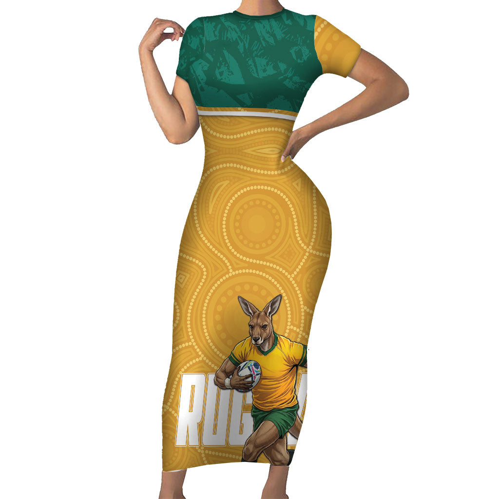 Personalised Australia Rugby Short Sleeve Bodycon Dress Wallabies Kangaroo Player Aboriginal Pattern