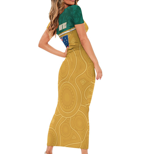 Personalised Australia Rugby Short Sleeve Bodycon Dress Wallabies Kangaroo Player Aboriginal Pattern