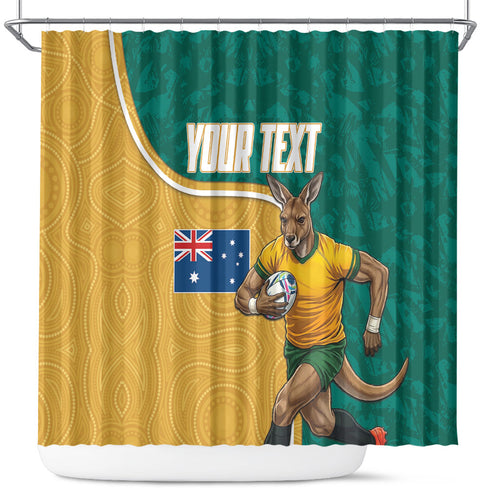 Personalised Australia Rugby Shower Curtain Wallabies Kangaroo Player Aboriginal Pattern