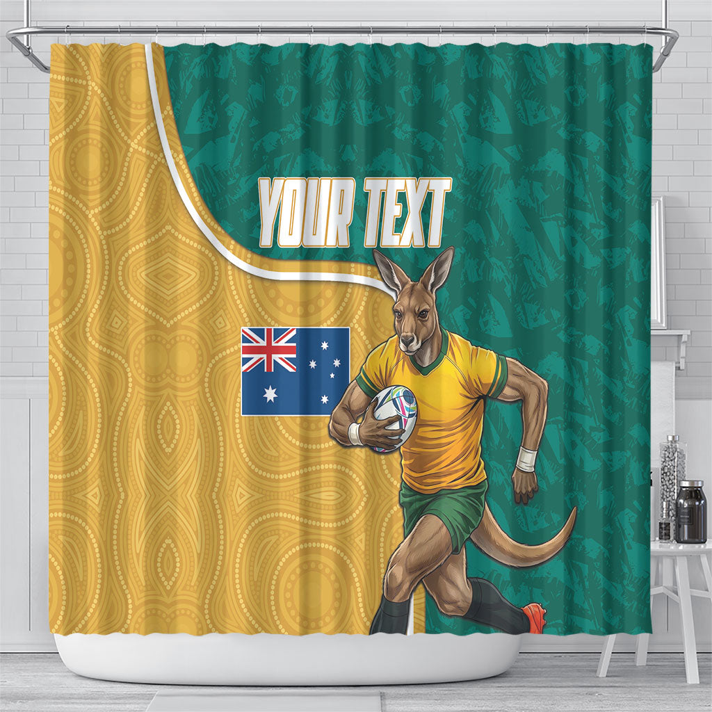 Personalised Australia Rugby Shower Curtain Wallabies Kangaroo Player Aboriginal Pattern