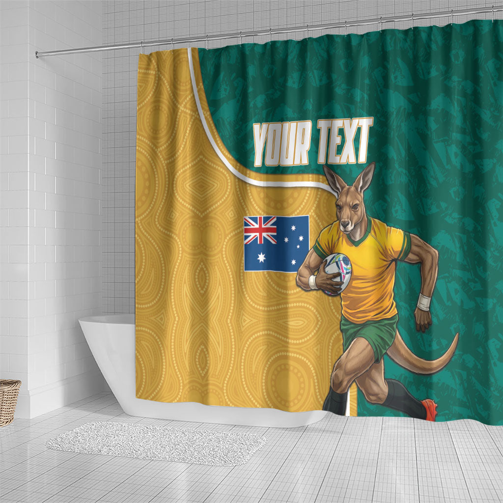 Personalised Australia Rugby Shower Curtain Wallabies Kangaroo Player Aboriginal Pattern