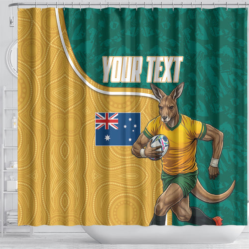 Personalised Australia Rugby Shower Curtain Wallabies Kangaroo Player Aboriginal Pattern