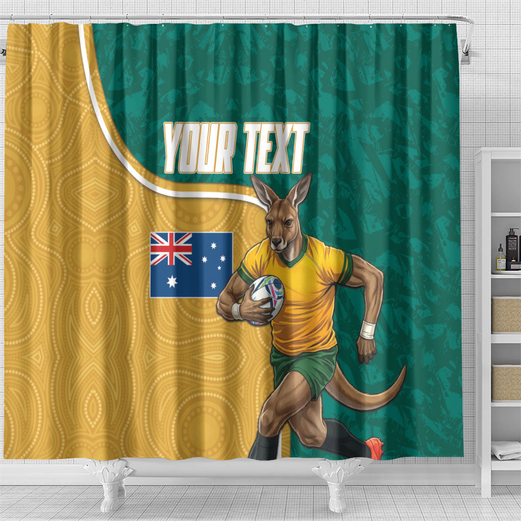 Personalised Australia Rugby Shower Curtain Wallabies Kangaroo Player Aboriginal Pattern