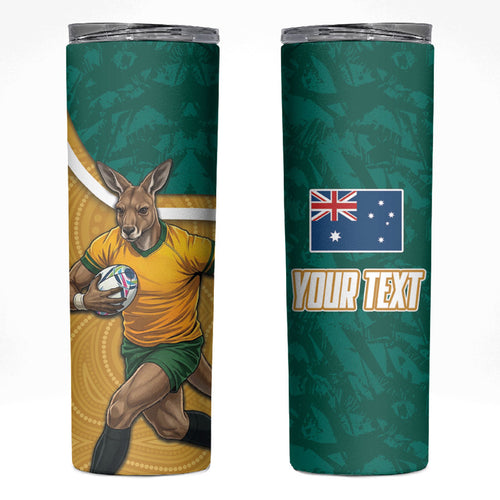 Personalised Australia Rugby Skinny Tumbler Wallabies Kangaroo Player Aboriginal Pattern