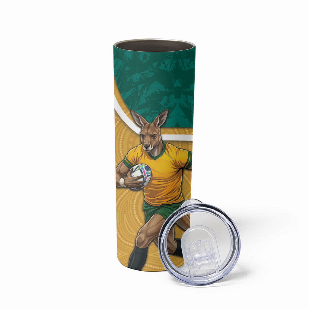 Personalised Australia Rugby Skinny Tumbler Wallabies Kangaroo Player Aboriginal Pattern