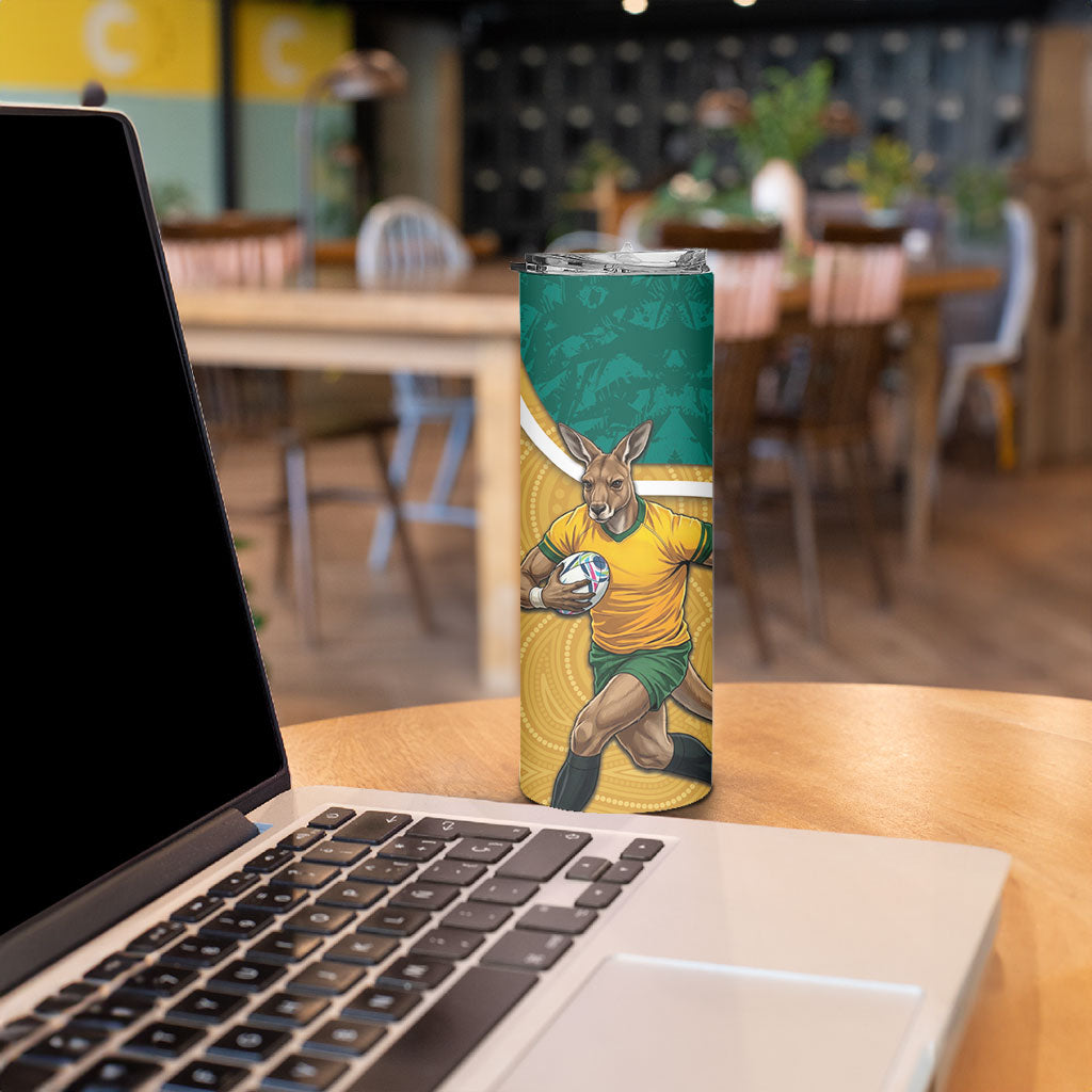 Personalised Australia Rugby Skinny Tumbler Wallabies Kangaroo Player Aboriginal Pattern