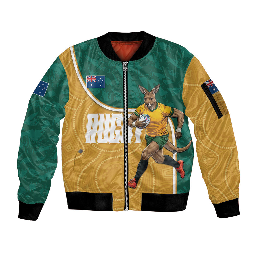 Personalised Australia Rugby Sleeve Zip Bomber Jacket Wallabies Kangaroo Player Aboriginal Pattern