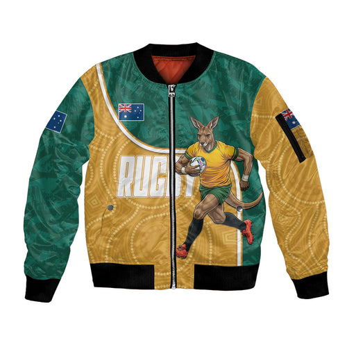 Personalised Australia Rugby Sleeve Zip Bomber Jacket Wallabies Kangaroo Player Aboriginal Pattern