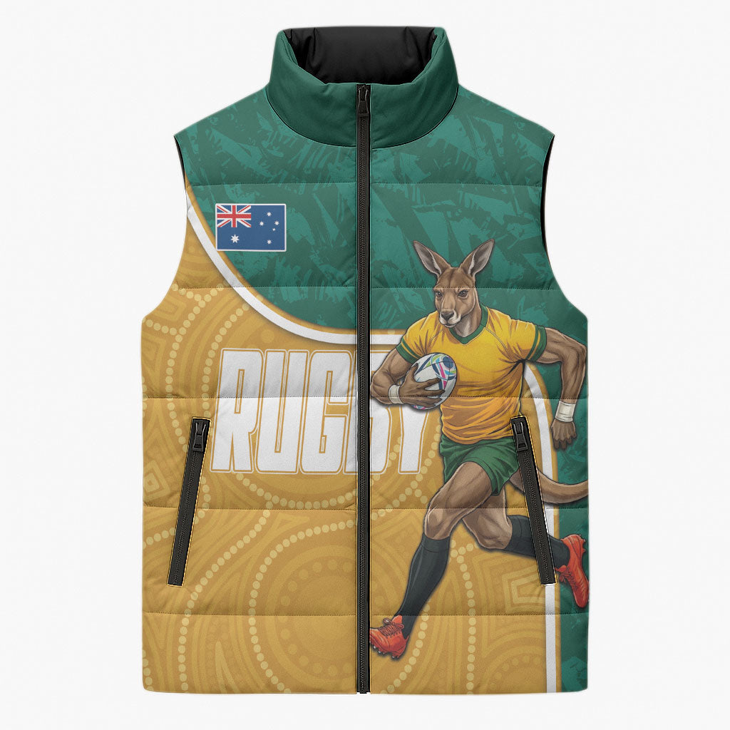 Personalised Australia Rugby Sleeveless Puffer Jacket Wallabies Kangaroo Player Aboriginal Pattern