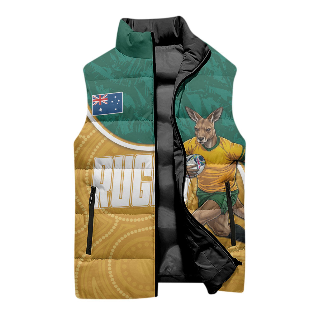 Personalised Australia Rugby Sleeveless Puffer Jacket Wallabies Kangaroo Player Aboriginal Pattern