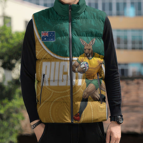 Personalised Australia Rugby Sleeveless Puffer Jacket Wallabies Kangaroo Player Aboriginal Pattern