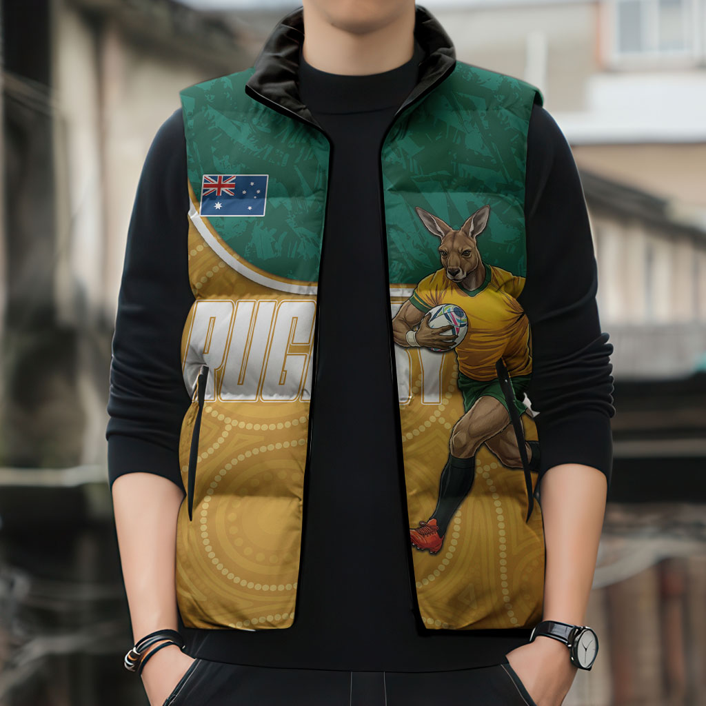 Personalised Australia Rugby Sleeveless Puffer Jacket Wallabies Kangaroo Player Aboriginal Pattern