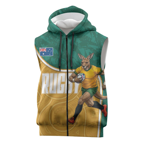 Personalised Australia Rugby Sleeveless Zip Hoodie Wallabies Kangaroo Player Aboriginal Pattern