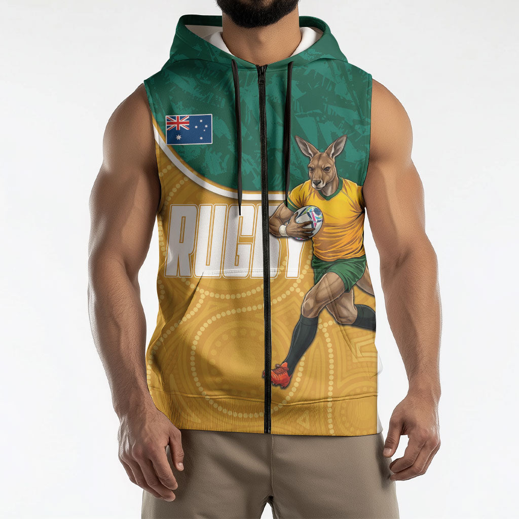 Personalised Australia Rugby Sleeveless Zip Hoodie Wallabies Kangaroo Player Aboriginal Pattern