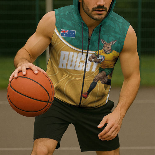 Personalised Australia Rugby Sleeveless Zip Hoodie Wallabies Kangaroo Player Aboriginal Pattern