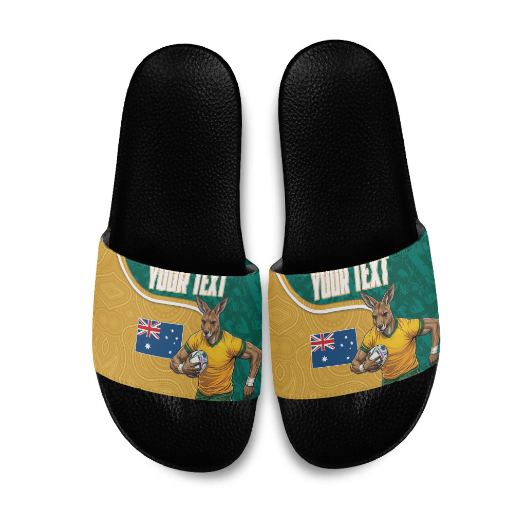 Personalised Australia Rugby Slide Sandals Wallabies Kangaroo Player Aboriginal Pattern
