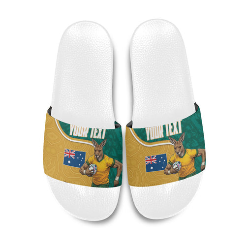 Personalised Australia Rugby Slide Sandals Wallabies Kangaroo Player Aboriginal Pattern