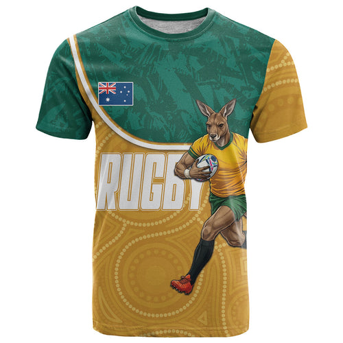 Personalised Australia Rugby T Shirt Wallabies Kangaroo Player Aboriginal Pattern