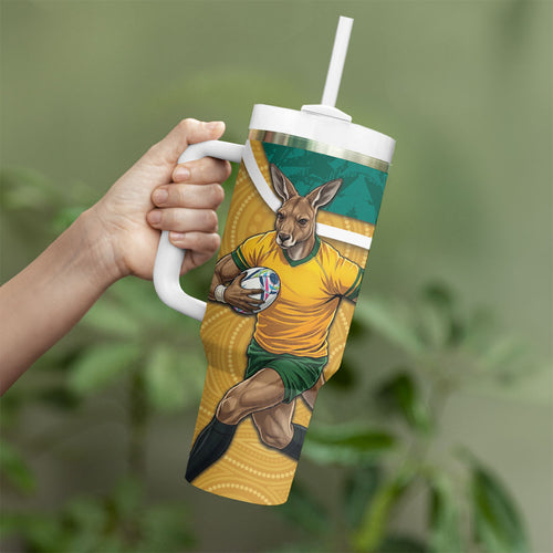 Personalised Australia Rugby Tumbler With Handle Wallabies Kangaroo Player Aboriginal Pattern