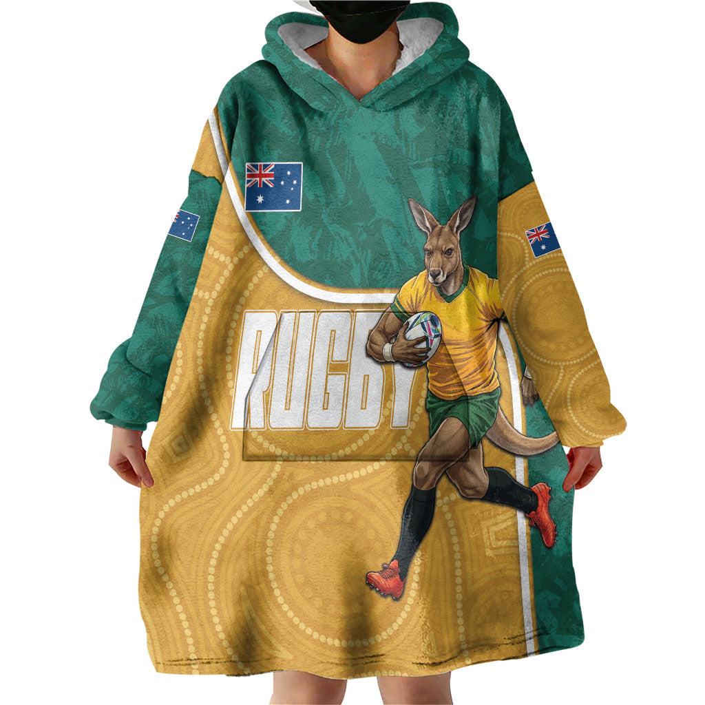 Personalised Australia Rugby Wearable Blanket Hoodie Wallabies Kangaroo Player Aboriginal Pattern