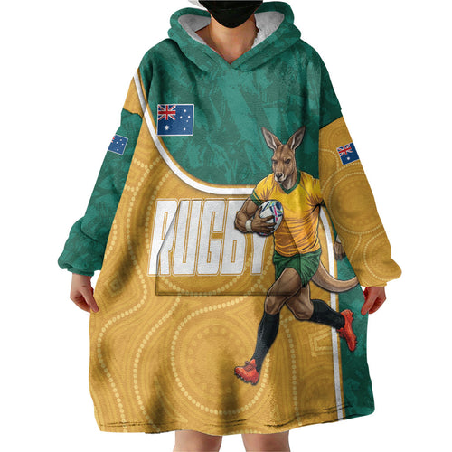 Personalised Australia Rugby Wearable Blanket Hoodie Wallabies Kangaroo Player Aboriginal Pattern