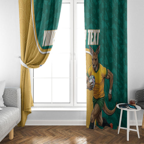 Personalised Australia Rugby Window Curtain Wallabies Kangaroo Player Aboriginal Pattern