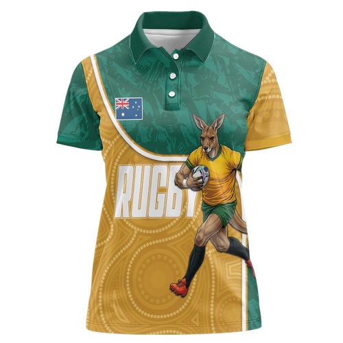 Personalised Australia Rugby Women Polo Shirt Wallabies Kangaroo Player Aboriginal Pattern