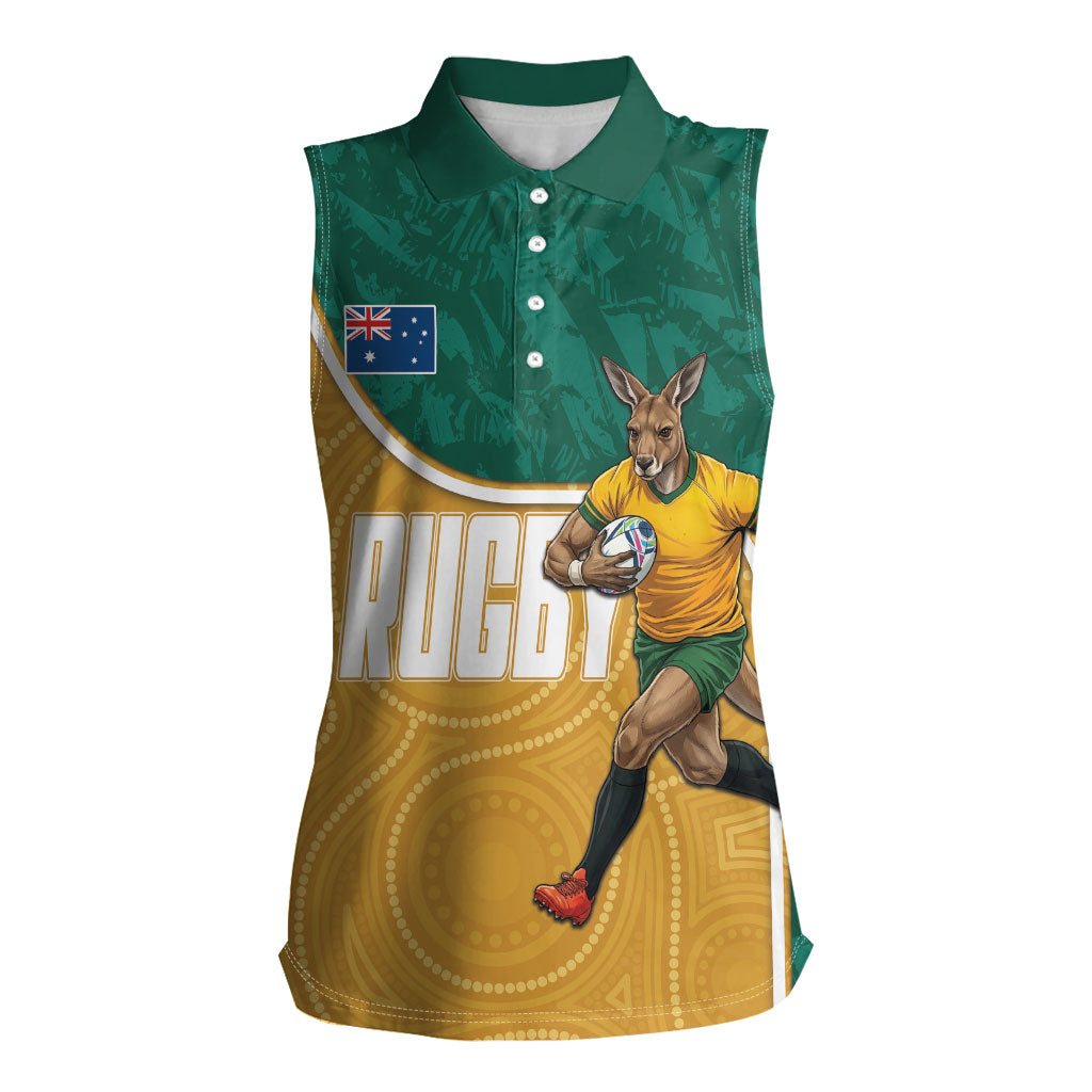 Personalised Australia Rugby Women Sleeveless Polo Shirt Wallabies Kangaroo Player Aboriginal Pattern