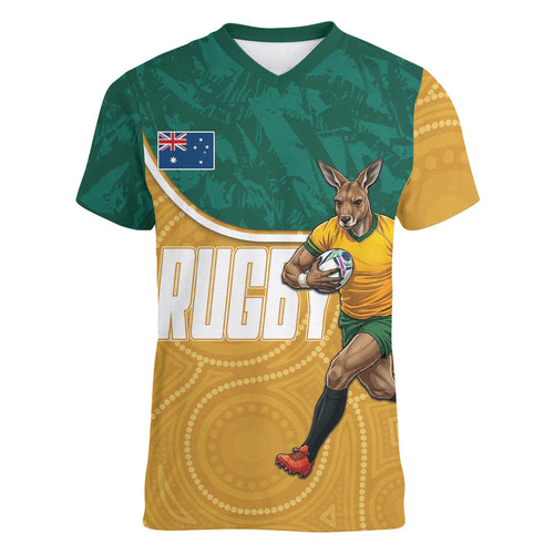 Personalised Australia Rugby Women V-Neck T-Shirt Wallabies Kangaroo Player Aboriginal Pattern