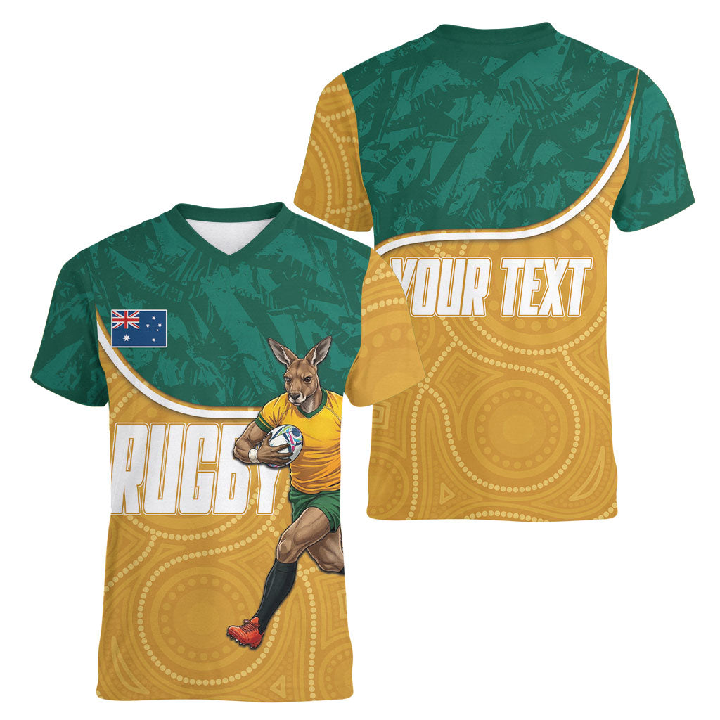 Personalised Australia Rugby Women V-Neck T-Shirt Wallabies Kangaroo Player Aboriginal Pattern