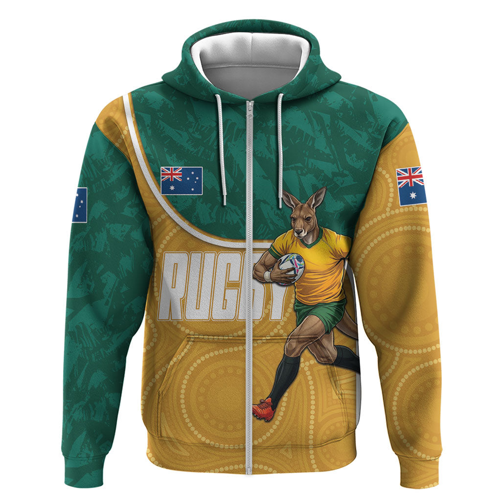 Personalised Australia Rugby Zip Hoodie Wallabies Kangaroo Player Aboriginal Pattern