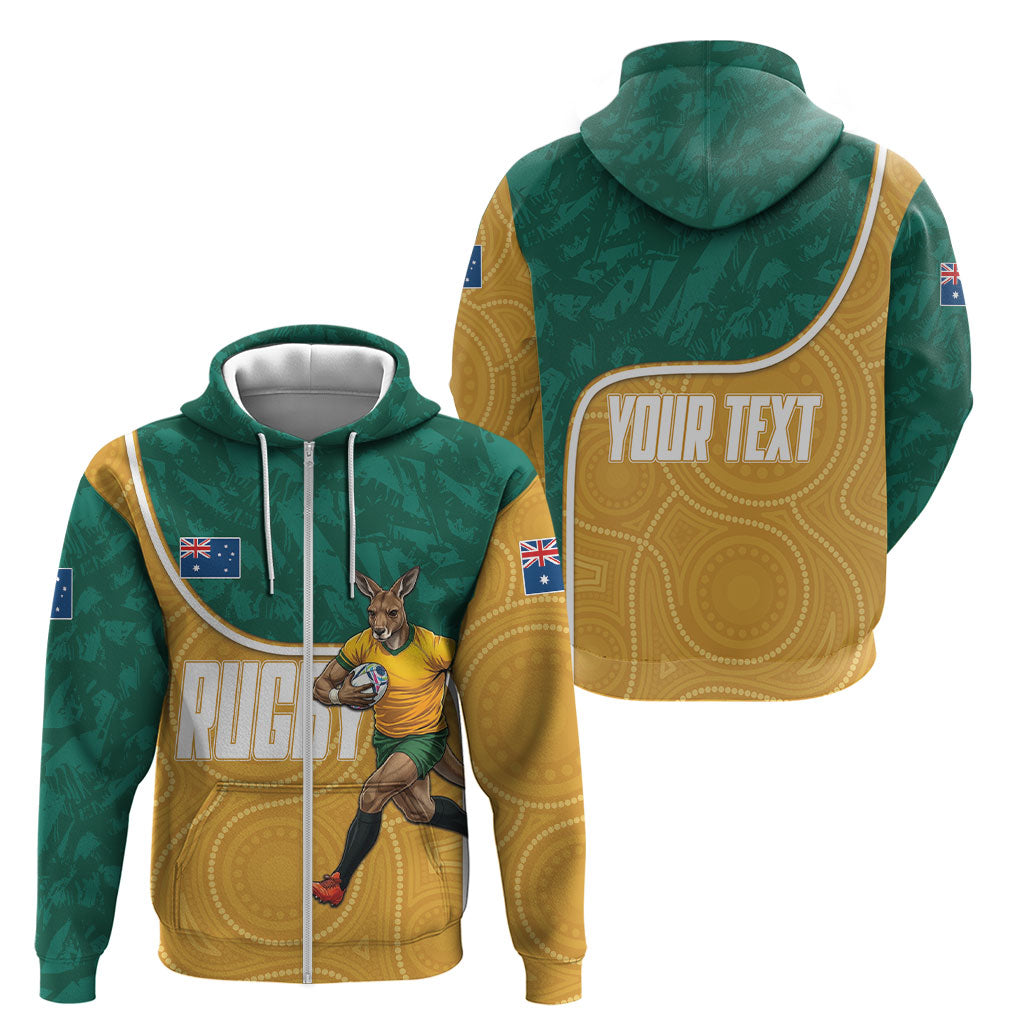 Personalised Australia Rugby Zip Hoodie Wallabies Kangaroo Player Aboriginal Pattern