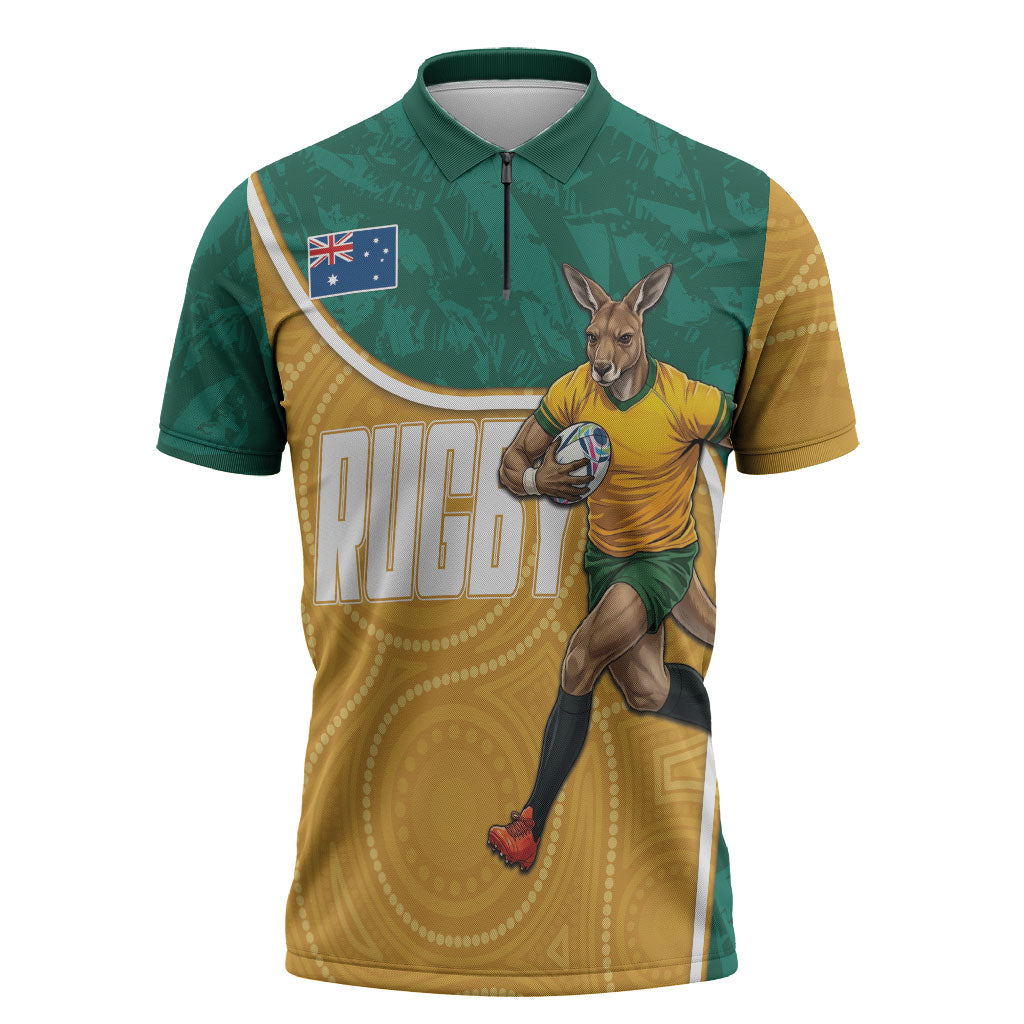 Personalised Australia Rugby Zipper Polo Shirt Wallabies Kangaroo Player Aboriginal Pattern